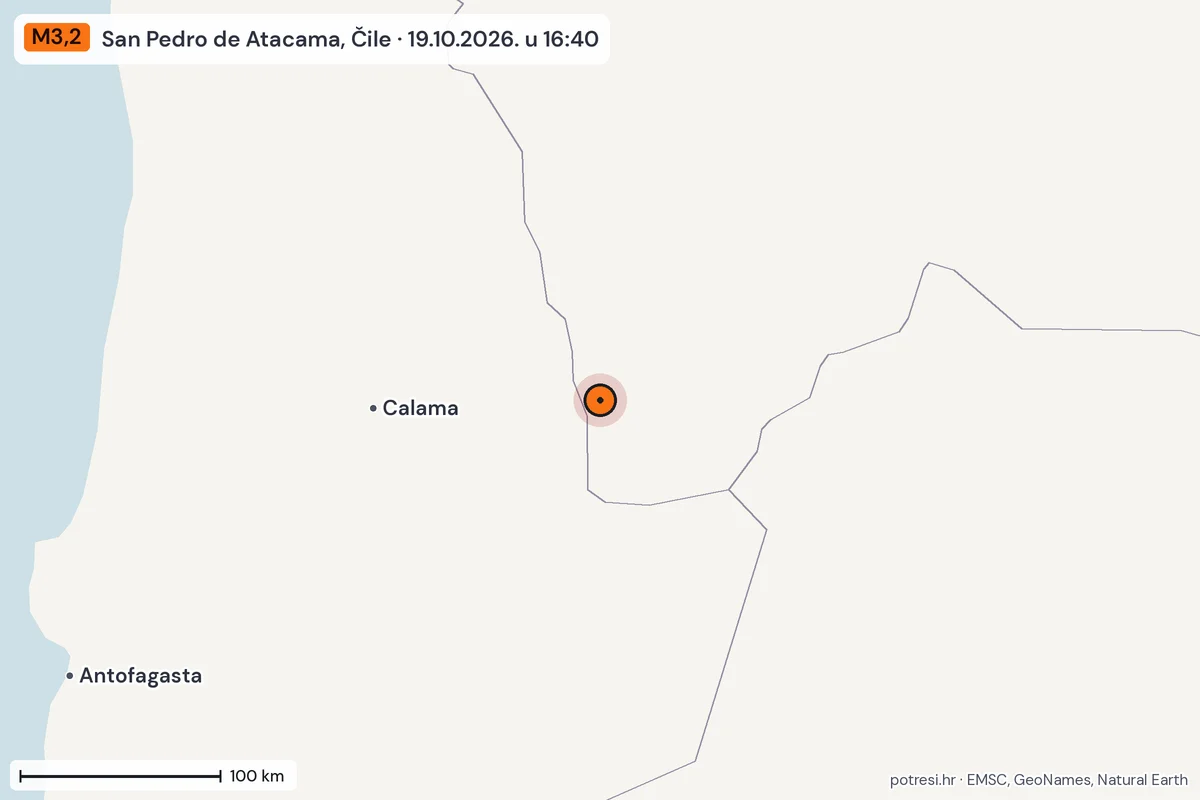 Karta: šire područje, 600 km, potres M3,2, San Pedro de Atacama, Čile, 19.10.2026.