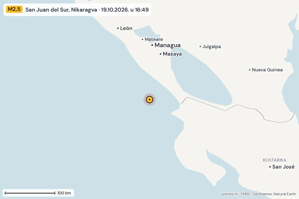 Karta: šire područje, 600 km, potres M2,5, San Juan del Sur, Nikaragva, 19.10.2026.