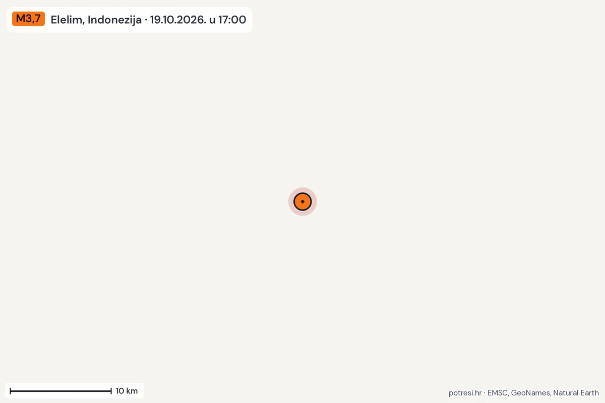 Karta: okolica epicentra, 60 km, potres M3,7, Elelim, Indonezija, 19.10.2026.