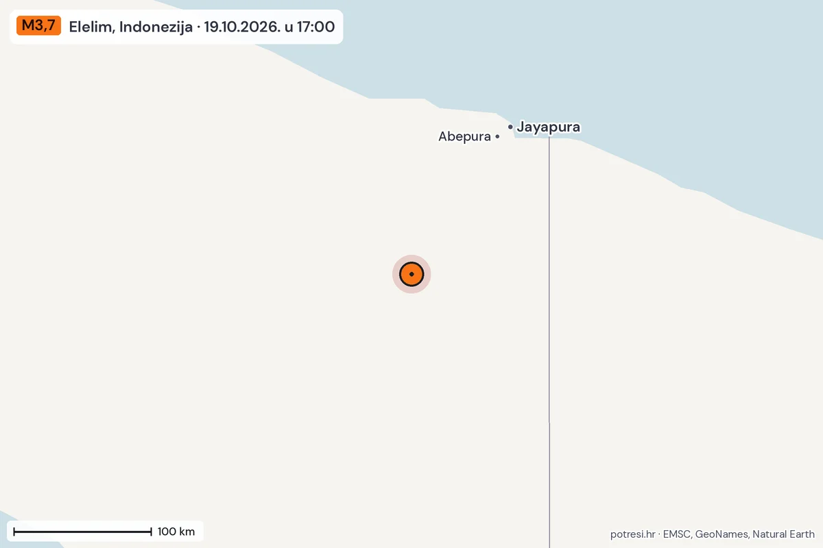 Karta: šire područje, 600 km, potres M3,7, Elelim, Indonezija, 19.10.2026.