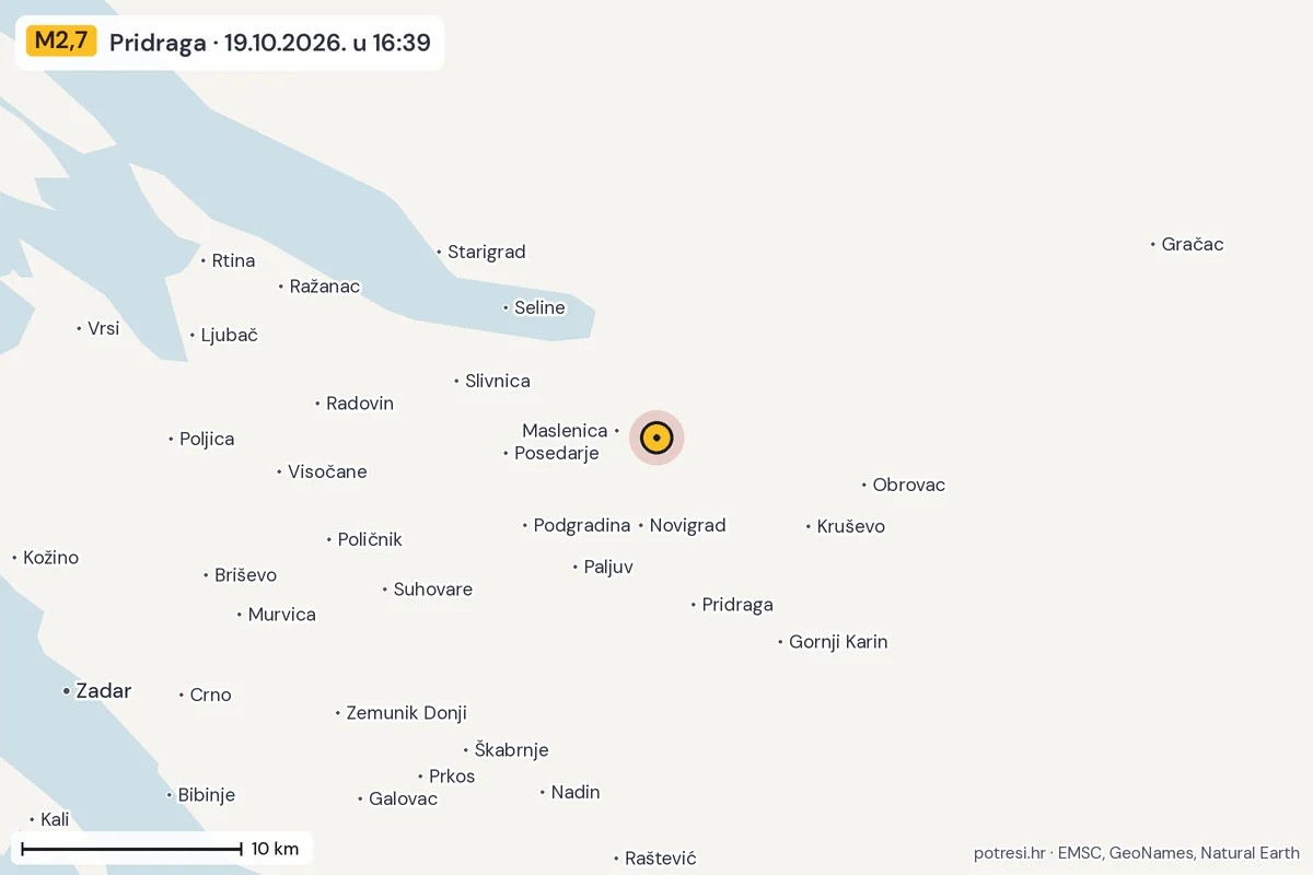Karta: okolica epicentra, 60 km, potres M2,7, Pridraga, 19.10.2026.