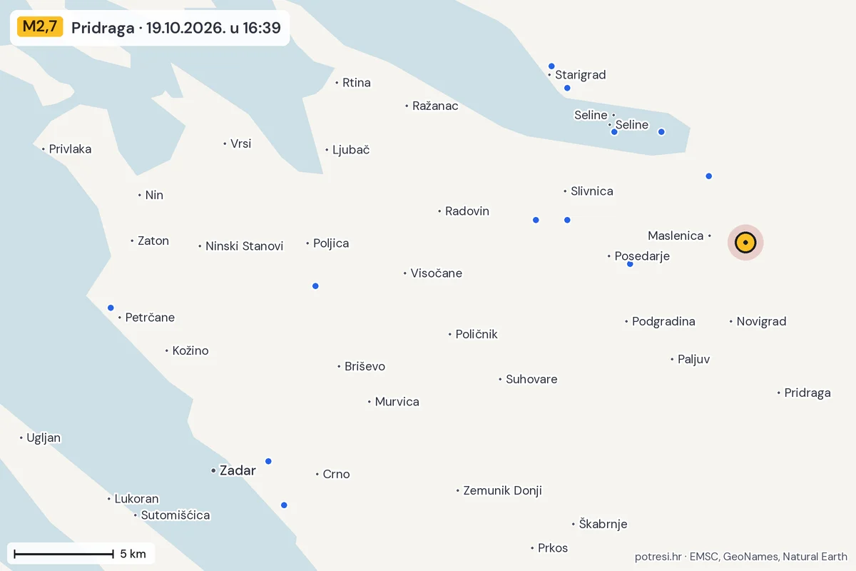 Karta: izvješća građana, potres M2,7, Pridraga, 19.10.2026.