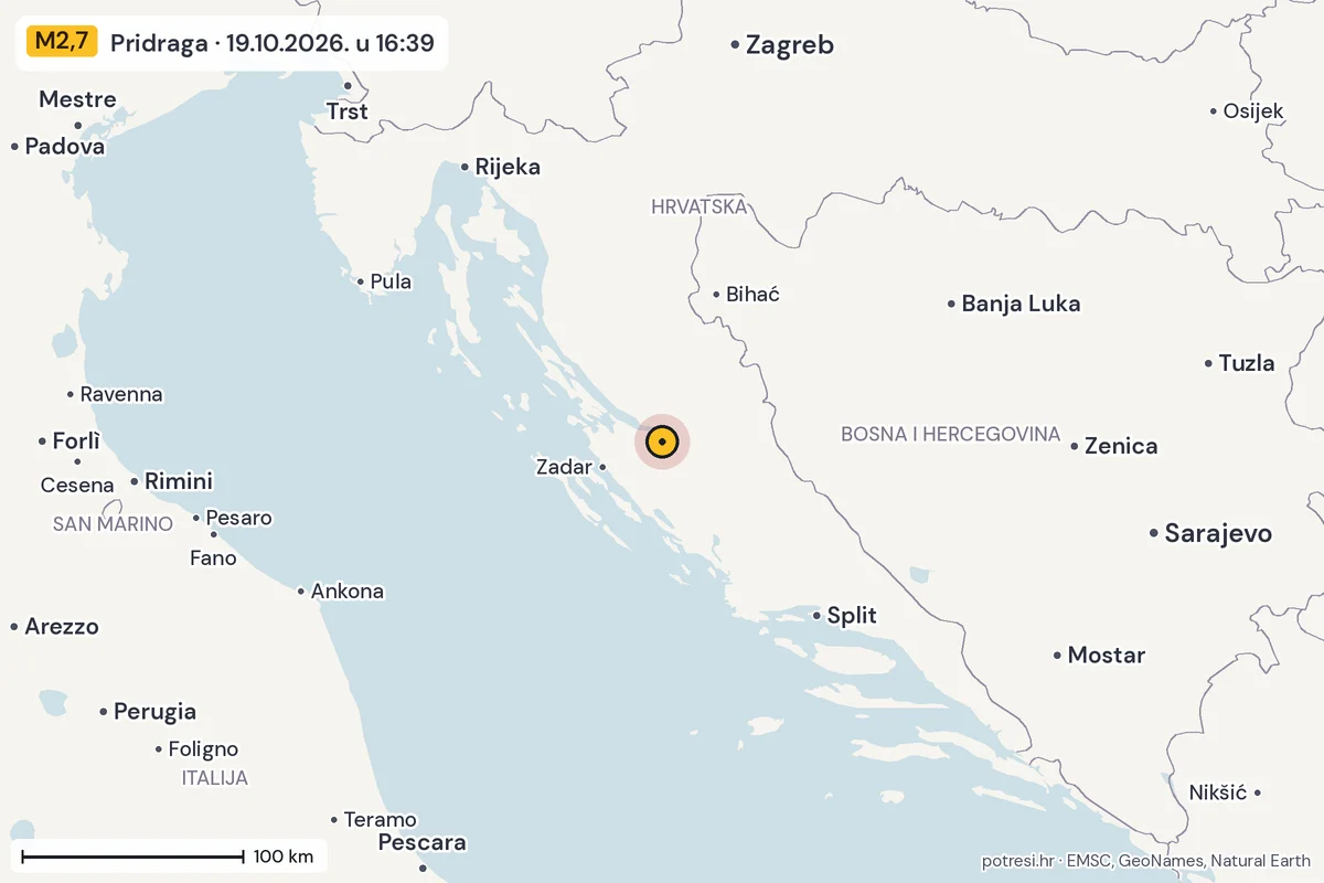 Karta: šire područje, 600 km, potres M2,7, Pridraga, 19.10.2026.