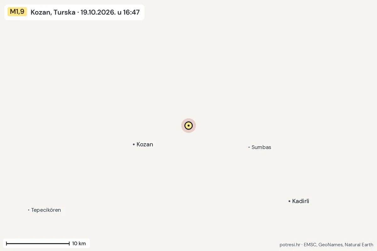 Karta: okolica epicentra, 60 km, potres M1,9, Kozan, Turska, 19.10.2026.