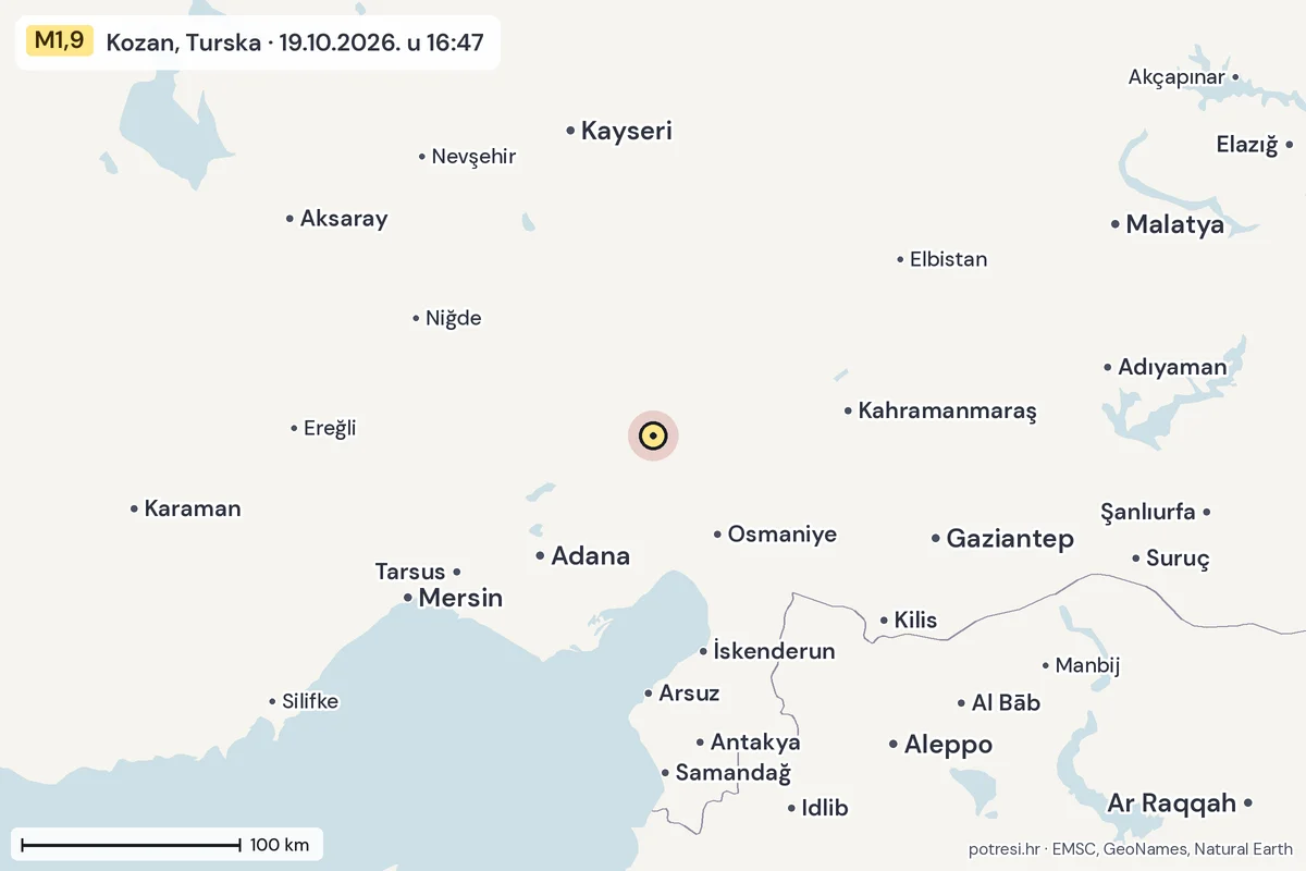 Karta: šire područje, 600 km, potres M1,9, Kozan, Turska, 19.10.2026.