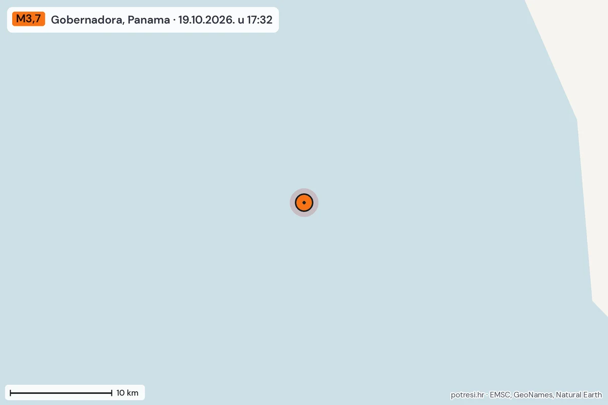 Karta: okolica epicentra, 60 km, potres M3,7, Gobernadora, Panama, 19.10.2026.