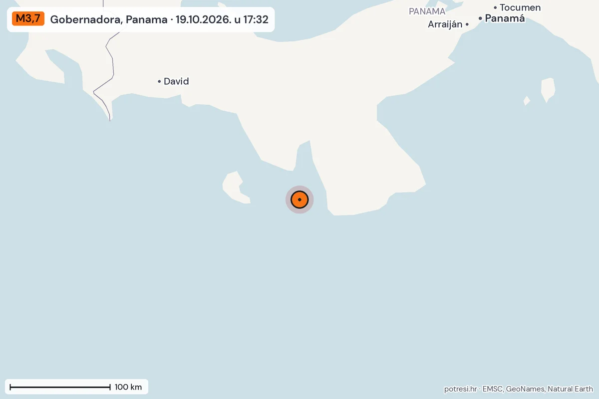 Karta: šire područje, 600 km, potres M3,7, Gobernadora, Panama, 19.10.2026.