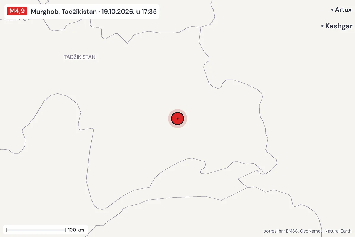 Karta: šire područje, 600 km, potres M4,9, Murghob, Tadžikistan, 19.10.2026.