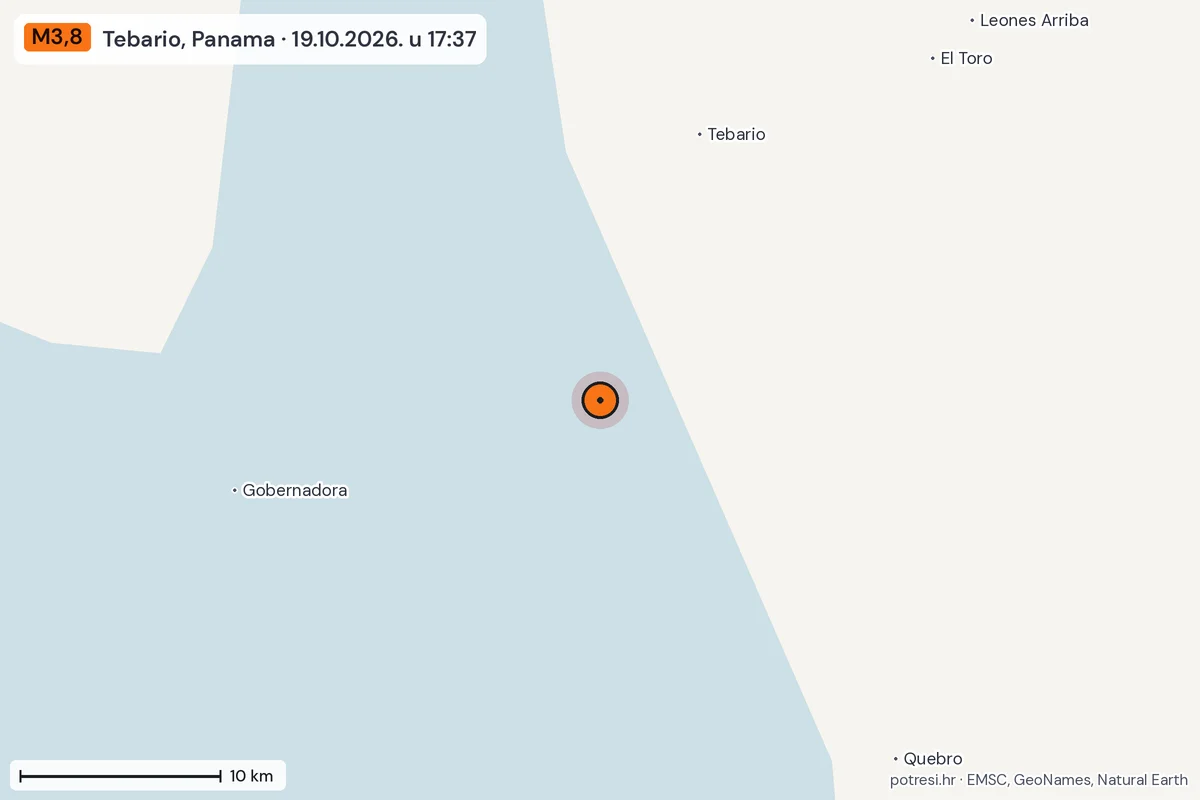 Karta: okolica epicentra, 60 km, potres M3,8, Tebario, Panama, 19.10.2026.