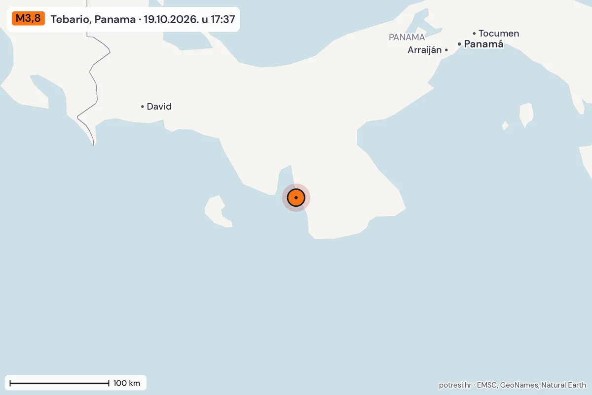 Karta: šire područje, 600 km, potres M3,8, Tebario, Panama, 19.10.2026.