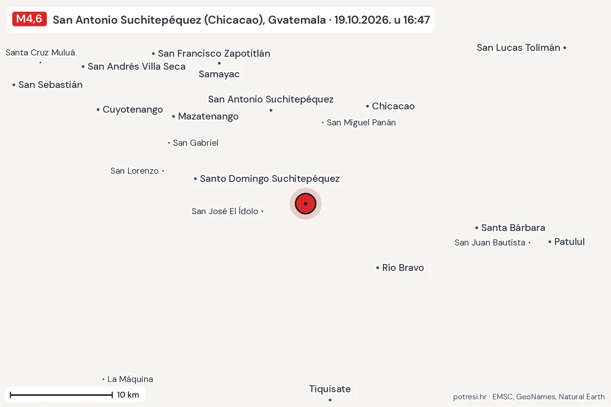 Karta: okolica epicentra, 60 km, potres M4,6, San Antonio Suchitepéquez (Chicacao), Gvatemala, 19.10.2026.