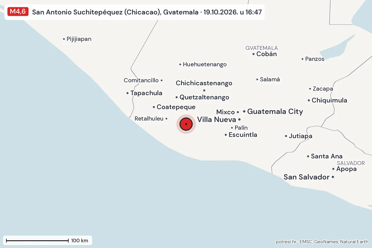Karta: šire područje, 600 km, potres M4,6, San Antonio Suchitepéquez (Chicacao), Gvatemala, 19.10.2026.