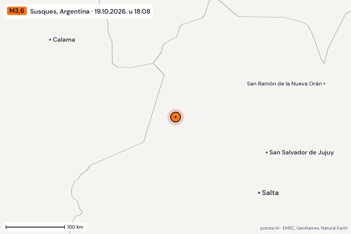 Karta: šire područje, 600 km, potres M3,6, Susques, Argentina, 19.10.2026.