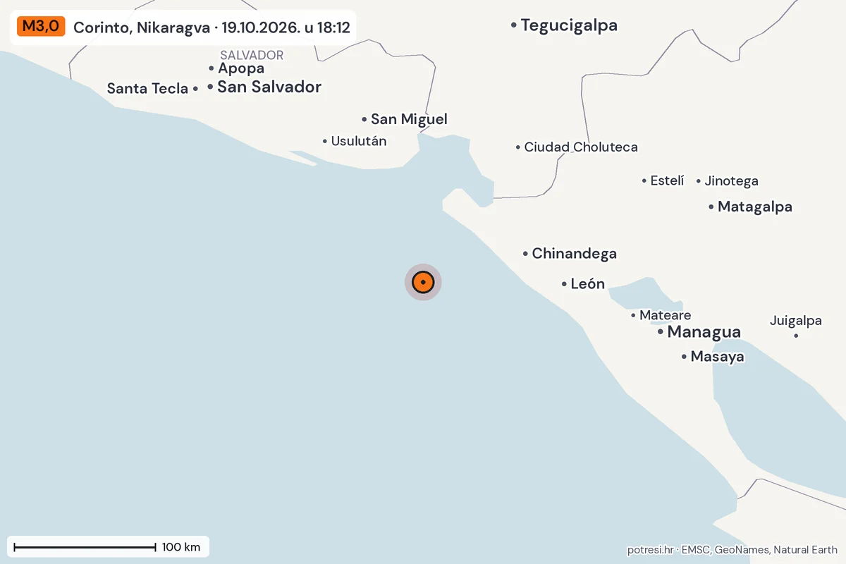 Karta: šire područje, 600 km, potres M3,0, Corinto, Nikaragva, 19.10.2026.