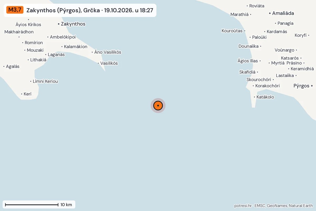 Karta: okolica epicentra, 60 km, potres M3,7, Zakynthos (Pýrgos), Grčka, 19.10.2026.
