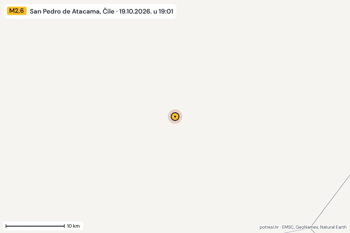 Karta: okolica epicentra, 60 km, potres M2,6, San Pedro de Atacama, Čile, 19.10.2026.
