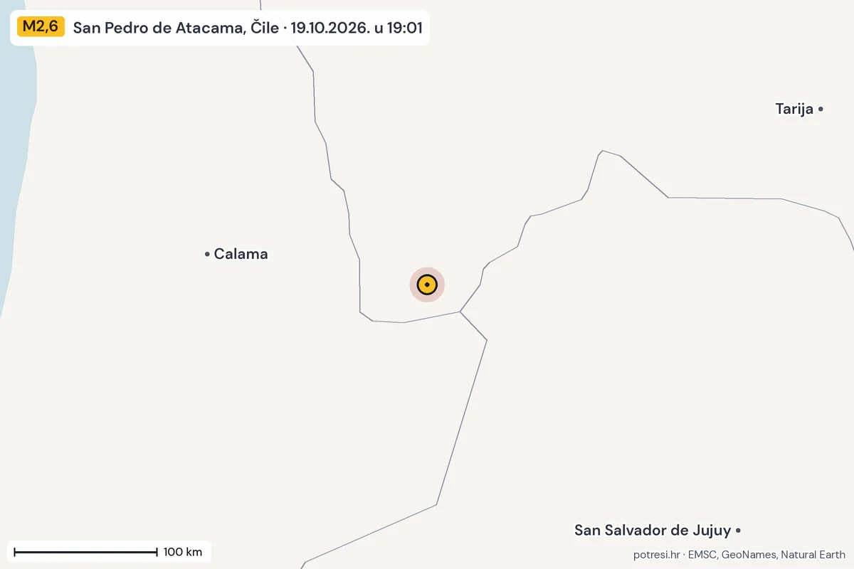 Karta: šire područje, 600 km, potres M2,6, San Pedro de Atacama, Čile, 19.10.2026.