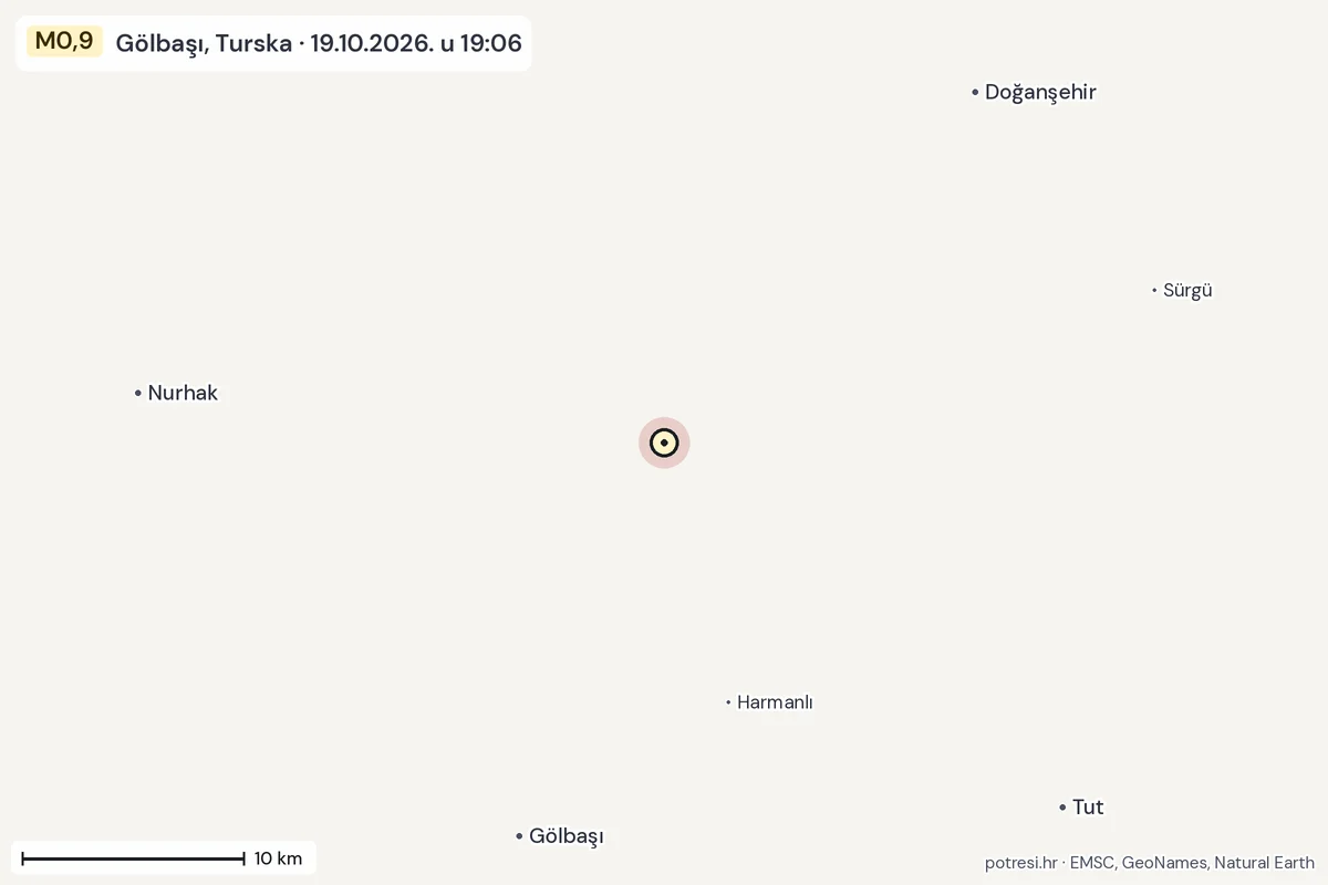 Karta: okolica epicentra, 60 km, potres M0,9, Gölbaşı, Turska, 19.10.2026.