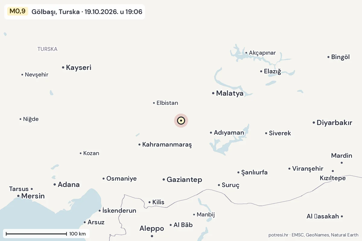 Karta: šire područje, 600 km, potres M0,9, Gölbaşı, Turska, 19.10.2026.