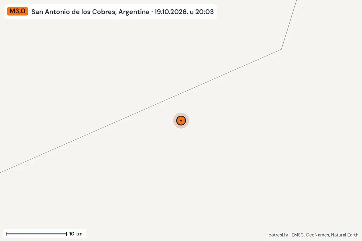 Karta: okolica epicentra, 60 km, potres M3,0, San Antonio de los Cobres, Argentina, 19.10.2026.