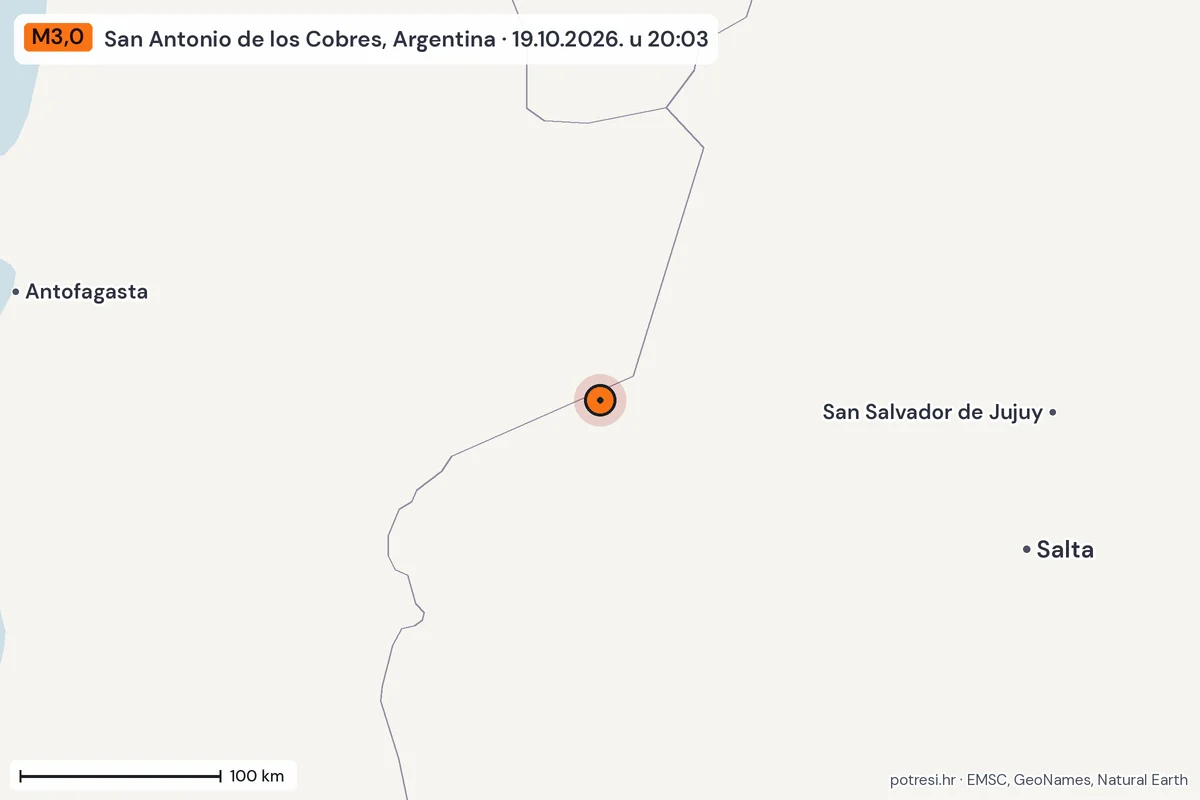 Karta: šire područje, 600 km, potres M3,0, San Antonio de los Cobres, Argentina, 19.10.2026.