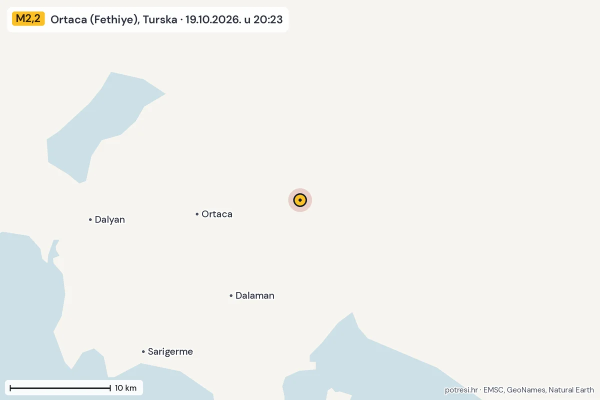 Karta: okolica epicentra, 60 km, potres M2,2, Ortaca (Fethiye), Turska, 19.10.2026.