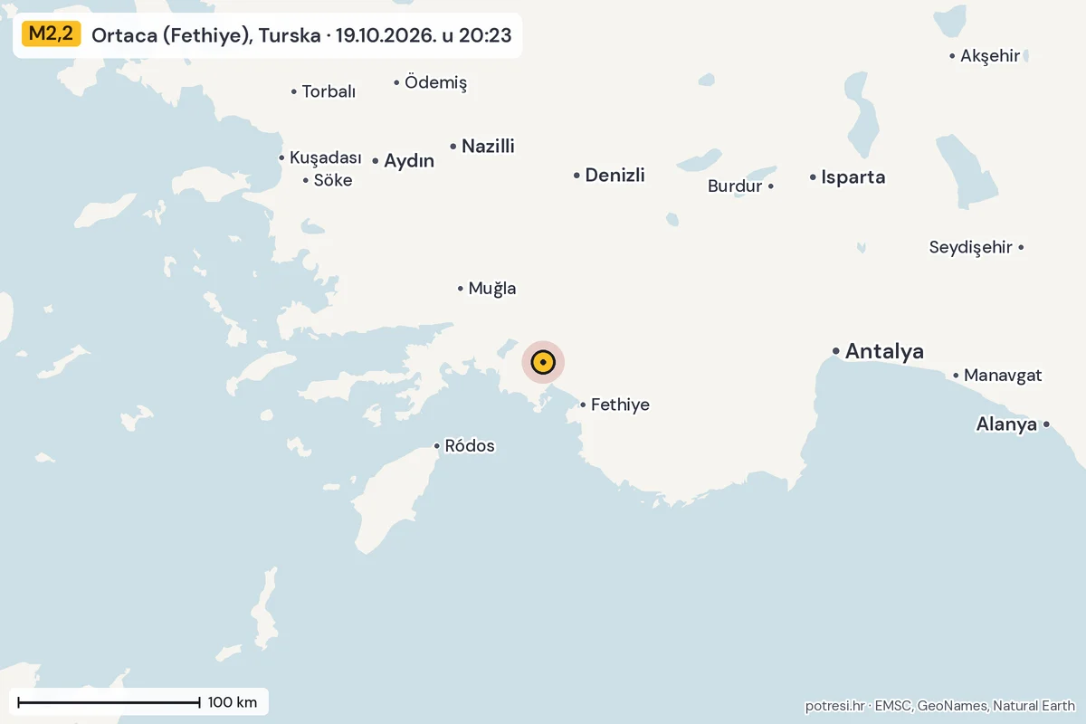 Karta: šire područje, 600 km, potres M2,2, Ortaca (Fethiye), Turska, 19.10.2026.