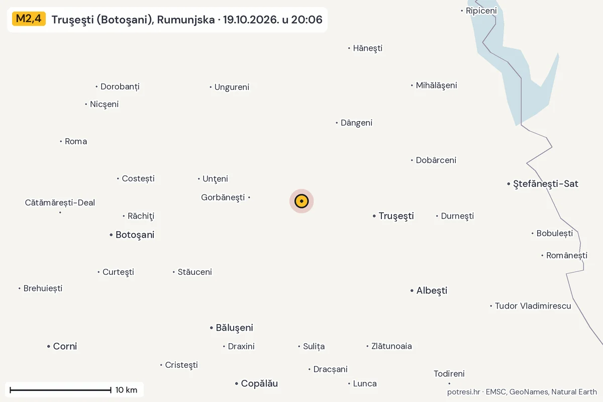 Karta: okolica epicentra, 60 km, potres M2,4, Truşeşti (Botoşani), Rumunjska, 19.10.2026.