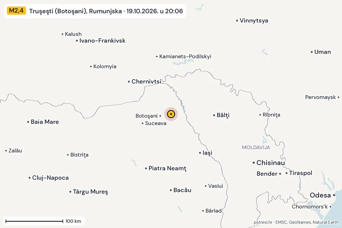 Karta: šire područje, 600 km, potres M2,4, Truşeşti (Botoşani), Rumunjska, 19.10.2026.