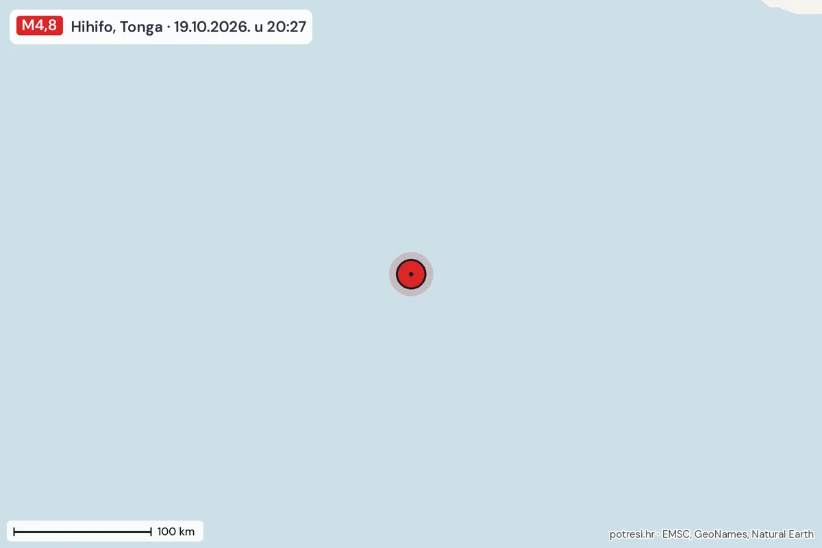 Karta: šire područje, 600 km, potres M4,8, Hihifo, Tonga, 19.10.2026.