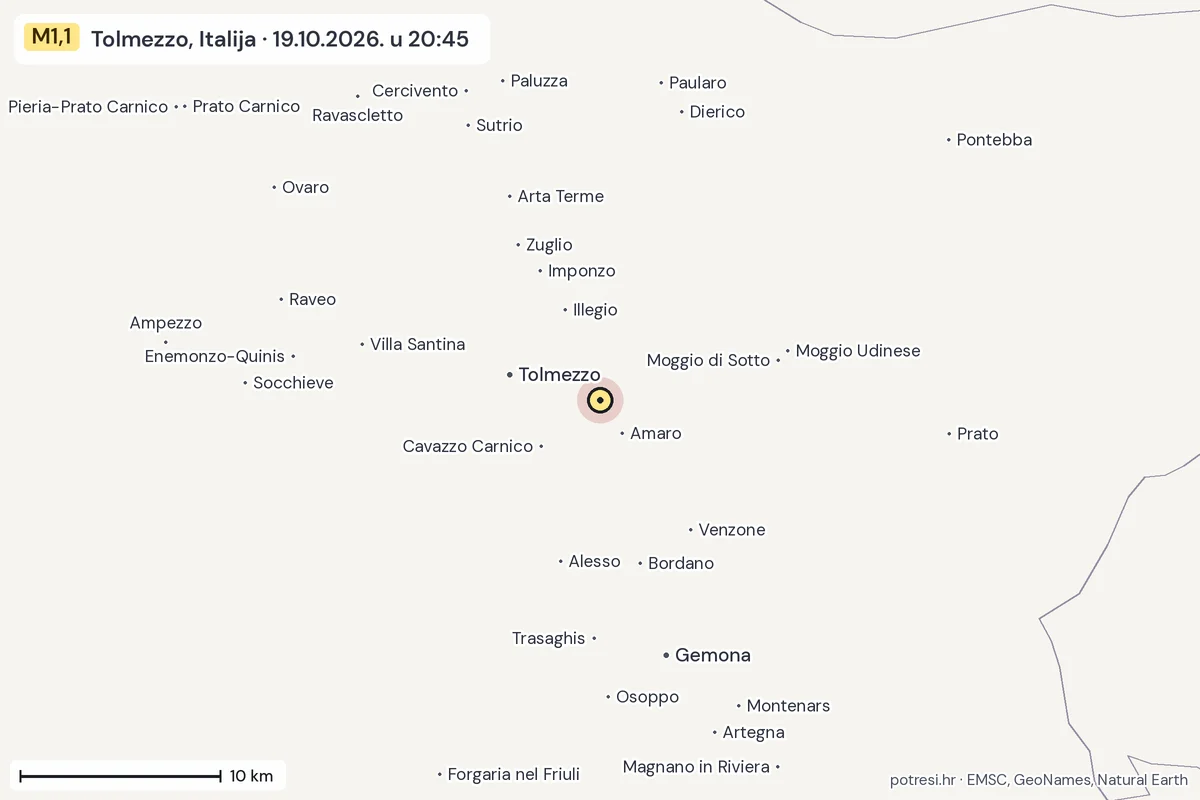 Karta: okolica epicentra, 60 km, potres M1,1, Tolmezzo, Italija, 19.10.2026.