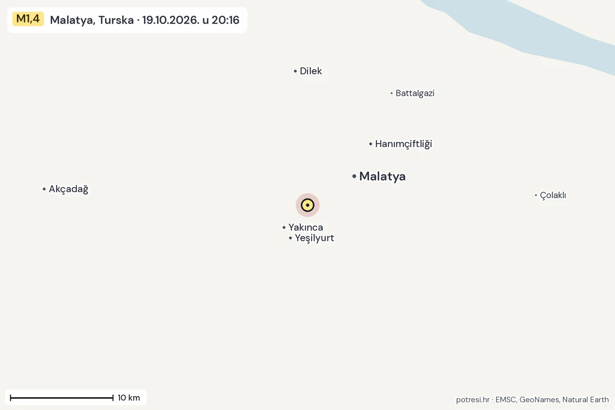 Karta: okolica epicentra, 60 km, potres M1,4, Malatya, Turska, 19.10.2026.