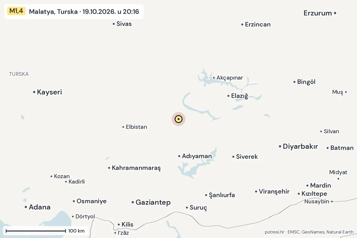 Karta: šire područje, 600 km, potres M1,4, Malatya, Turska, 19.10.2026.