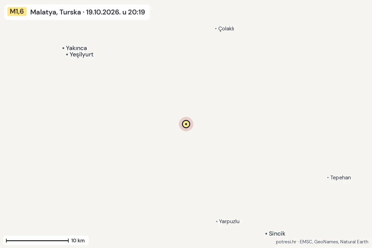 Karta: okolica epicentra, 60 km, potres M1,6, Malatya, Turska, 19.10.2026.