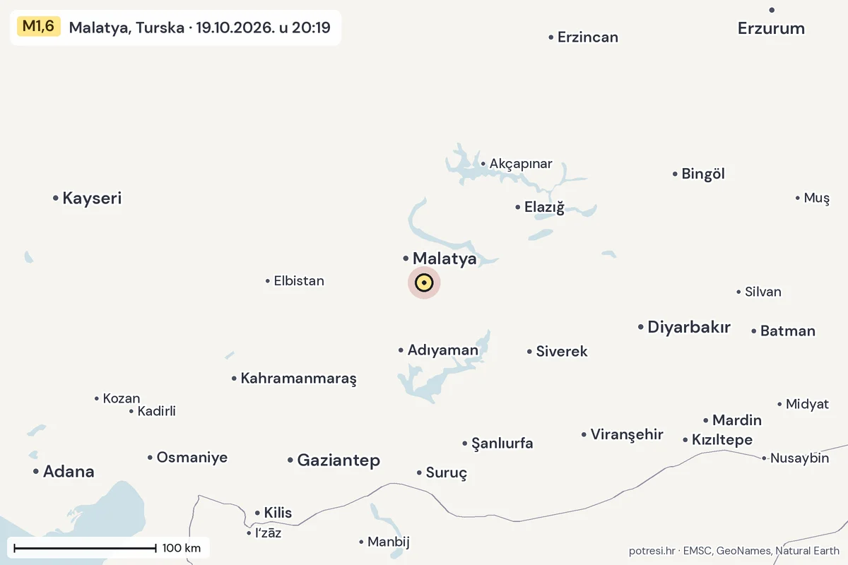 Karta: šire područje, 600 km, potres M1,6, Malatya, Turska, 19.10.2026.