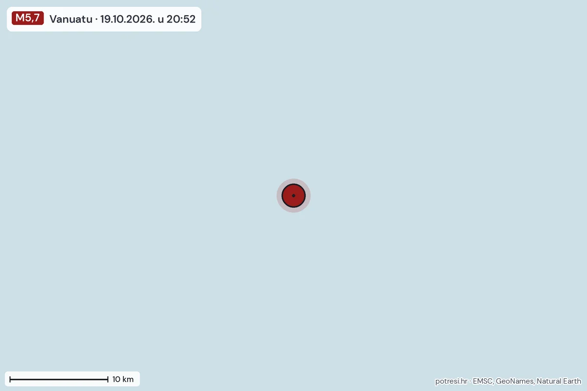 Karta: okolica epicentra, 60 km, potres M5,7, Vanuatu, 19.10.2026.