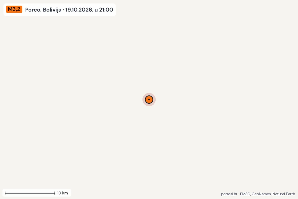Karta: okolica epicentra, 60 km, potres M3,2, Porco, Bolivija, 19.10.2026.