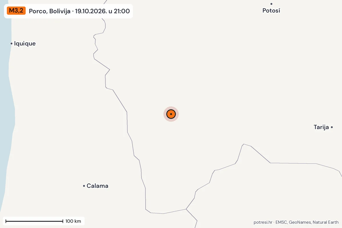 Karta: šire područje, 600 km, potres M3,2, Porco, Bolivija, 19.10.2026.