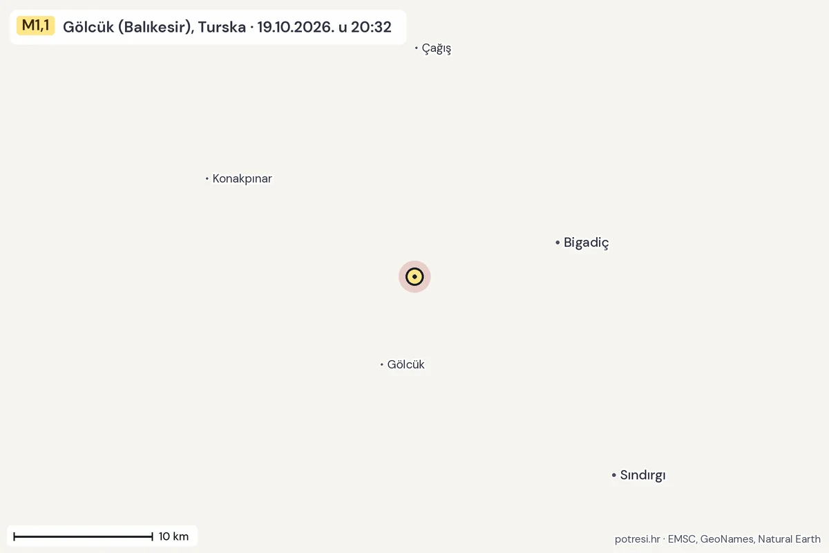 Karta: okolica epicentra, 60 km, potres M1,1, Gölcük (Balıkesir), Turska, 19.10.2026.