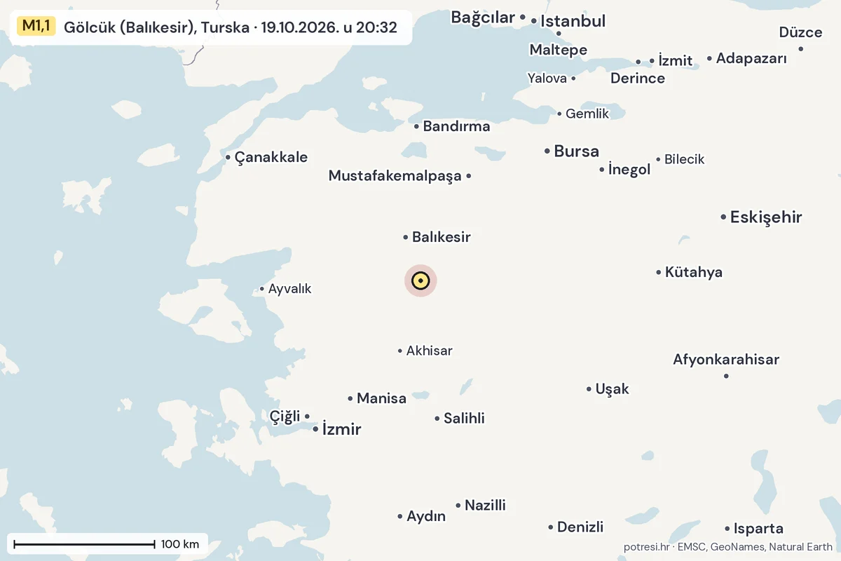 Karta: šire područje, 600 km, potres M1,1, Gölcük (Balıkesir), Turska, 19.10.2026.