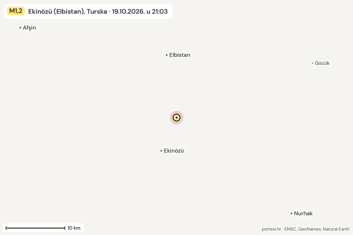 Karta: okolica epicentra, 60 km, potres M1,2, Ekinözü (Elbistan), Turska, 19.10.2026.