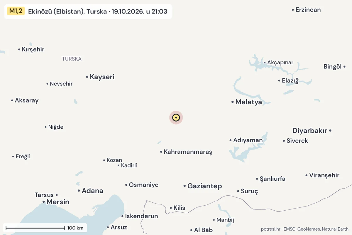 Karta: šire područje, 600 km, potres M1,2, Ekinözü (Elbistan), Turska, 19.10.2026.
