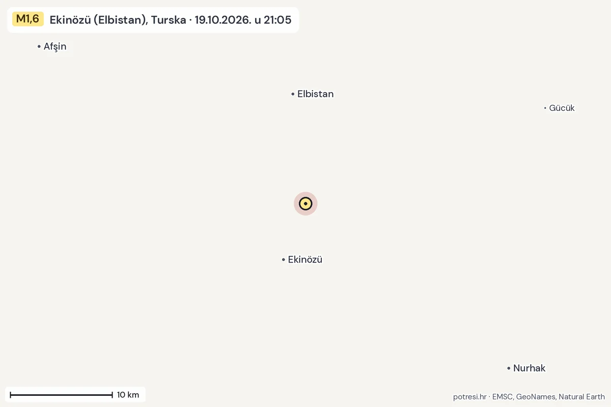 Karta: okolica epicentra, 60 km, potres M1,6, Ekinözü (Elbistan), Turska, 19.10.2026.