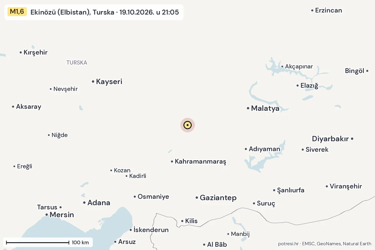 Karta: šire područje, 600 km, potres M1,6, Ekinözü (Elbistan), Turska, 19.10.2026.