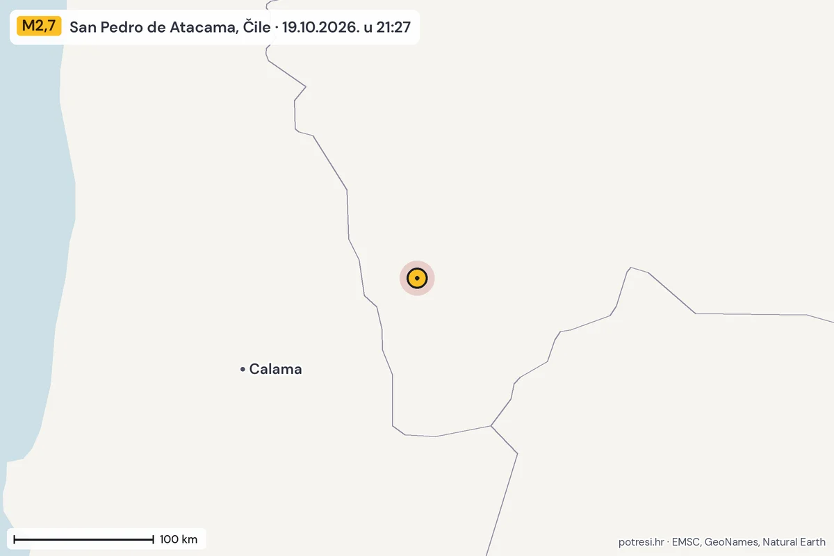Karta: šire područje, 600 km, potres M2,7, San Pedro de Atacama, Čile, 19.10.2026.