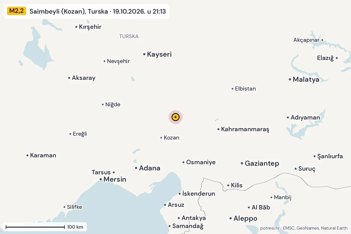 Karta: šire područje, 600 km, potres M2,2, Saimbeyli (Kozan), Turska, 19.10.2026.