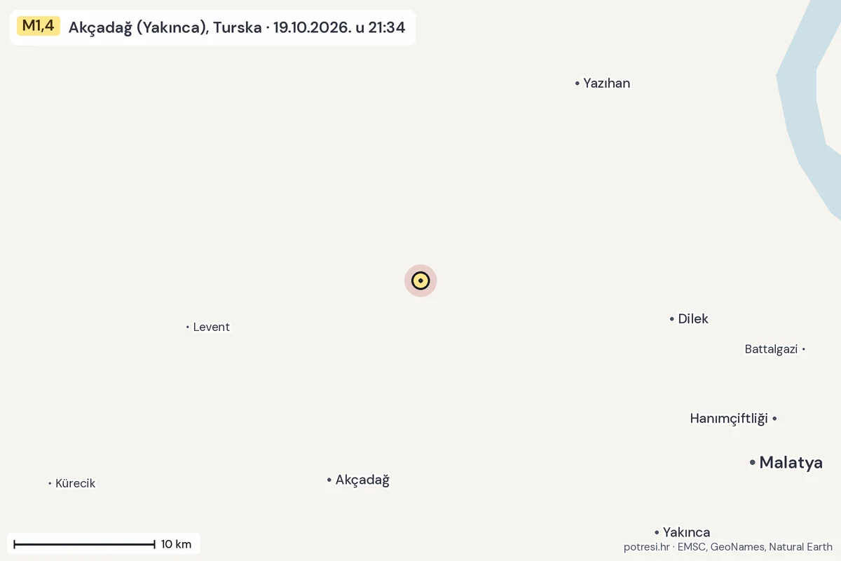 Karta: okolica epicentra, 60 km, potres M1,4, Akçadağ (Yakınca), Turska, 19.10.2026.