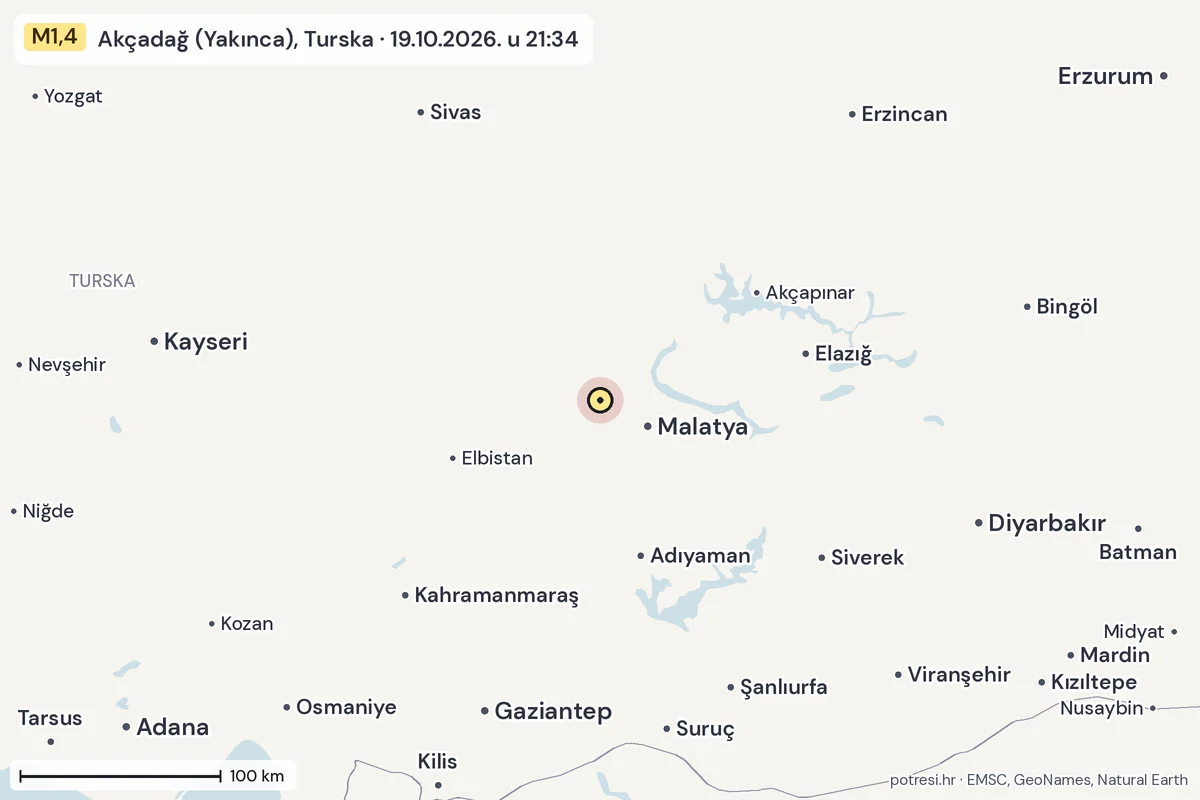 Karta: šire područje, 600 km, potres M1,4, Akçadağ (Yakınca), Turska, 19.10.2026.