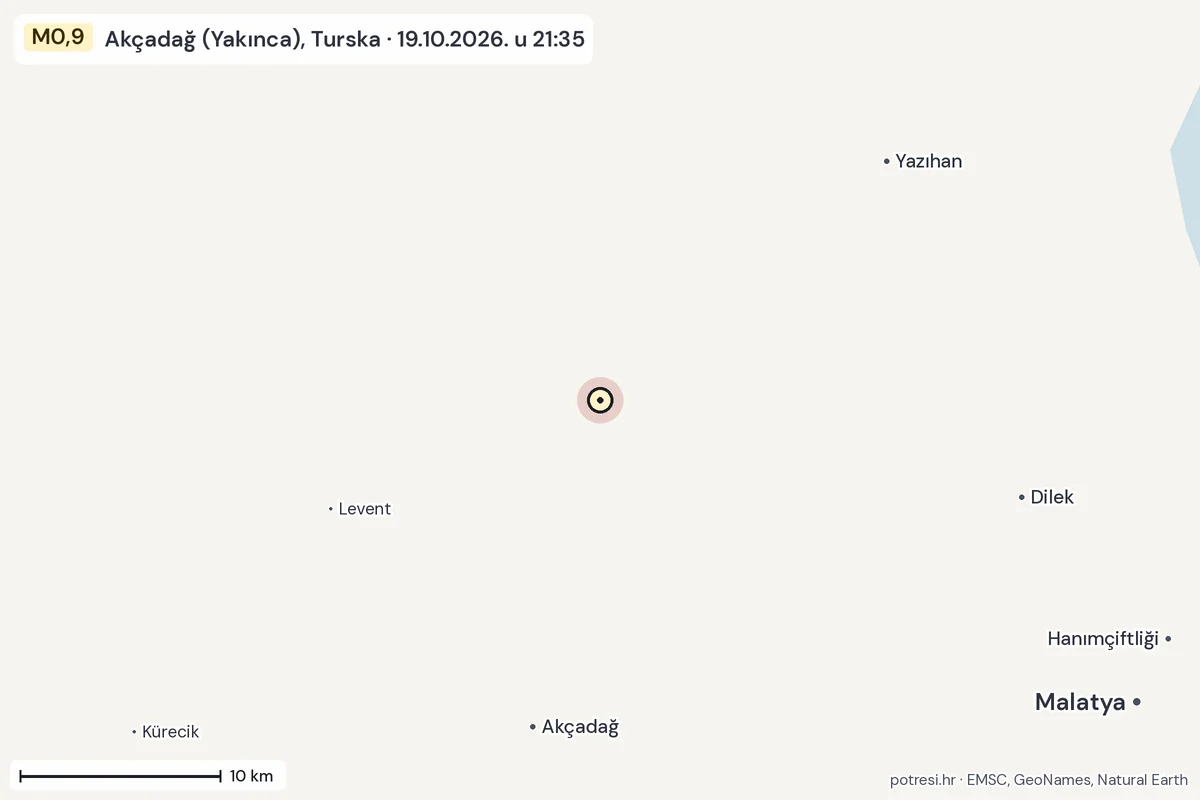 Karta: okolica epicentra, 60 km, potres M0,9, Akçadağ (Yakınca), Turska, 19.10.2026.