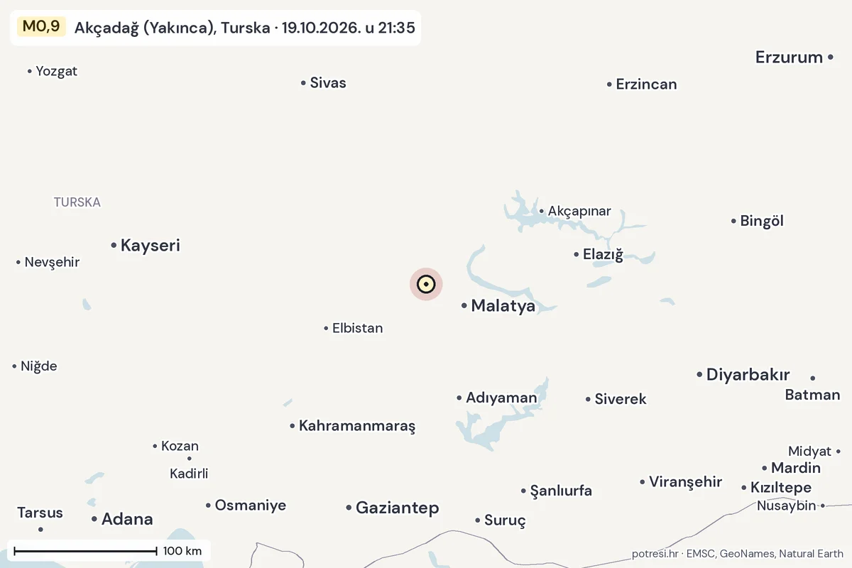 Karta: šire područje, 600 km, potres M0,9, Akçadağ (Yakınca), Turska, 19.10.2026.